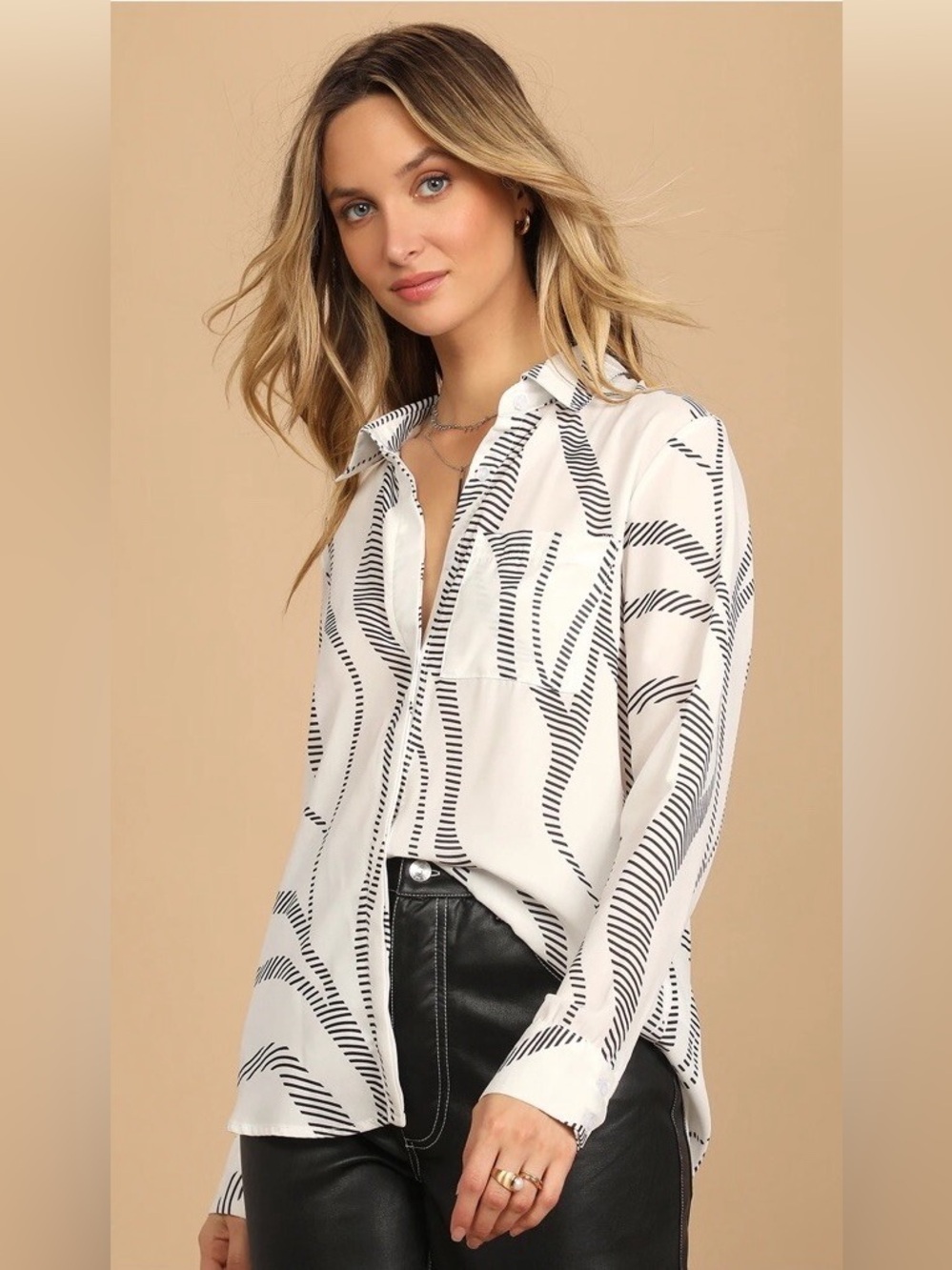 Lulu's White Button-Down Shirt with Black Wave Stripe NWT